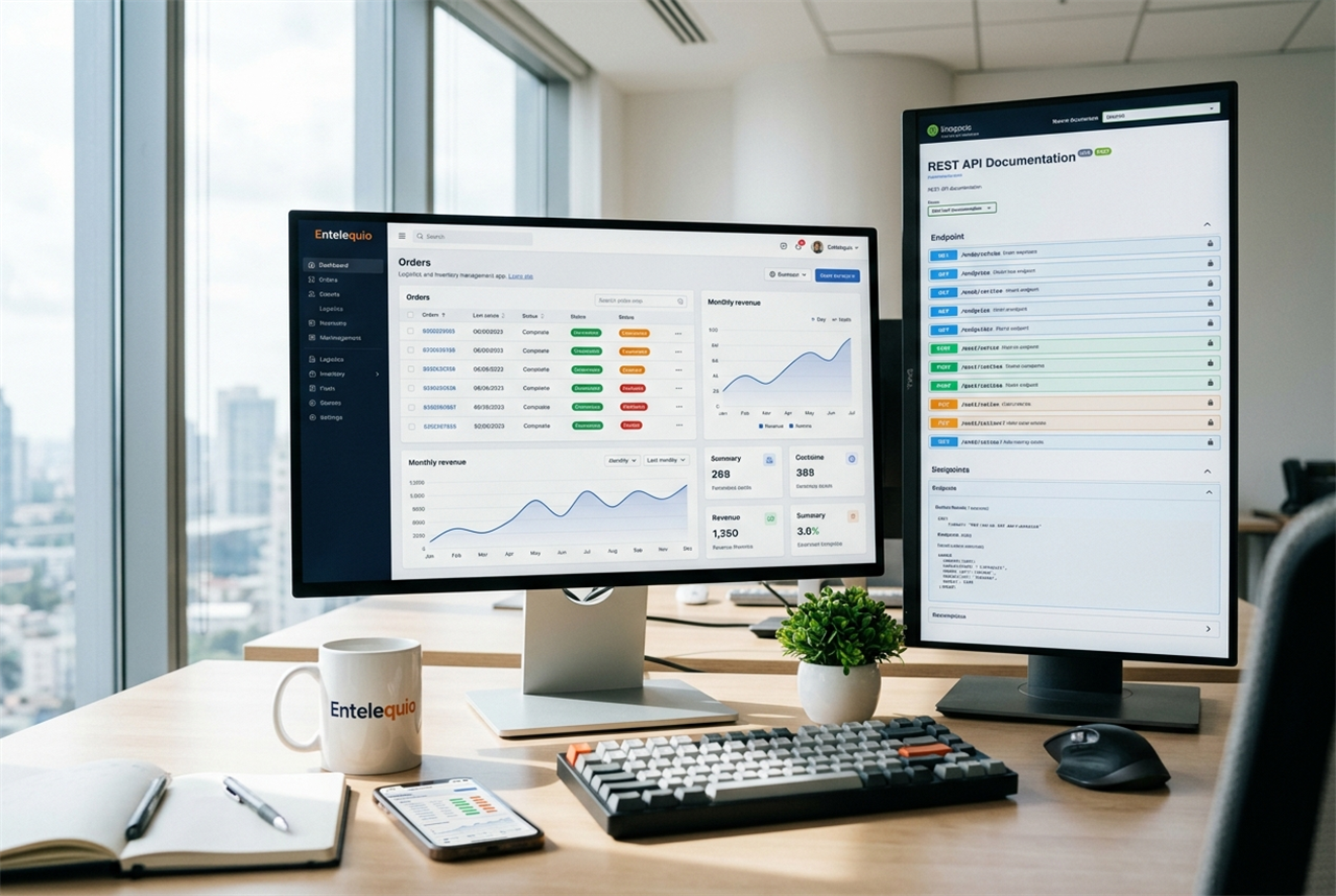 Escritorio de desarrollador con un dashboard de aplicación web de inventario y documentación de API REST