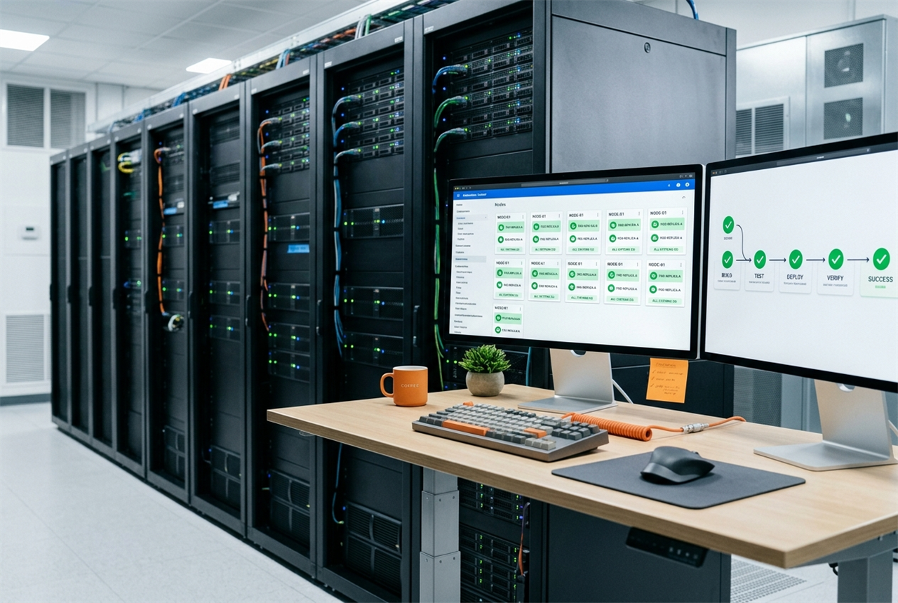 Centro de datos con racks de servidores y dashboards de Kubernetes y CI/CD