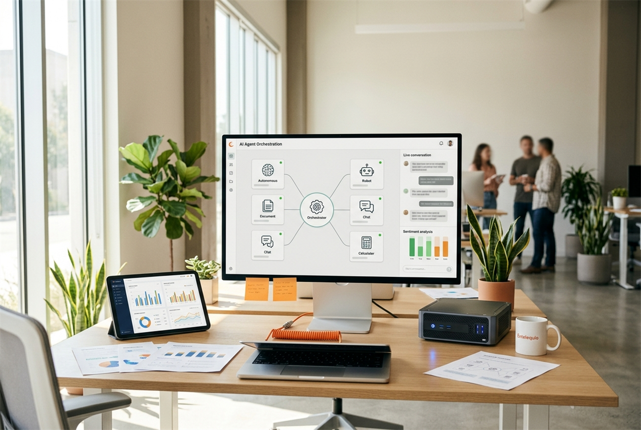Estación de trabajo de IA con un panel de orquestación de agentes de inteligencia artificial y dashboards de análisis